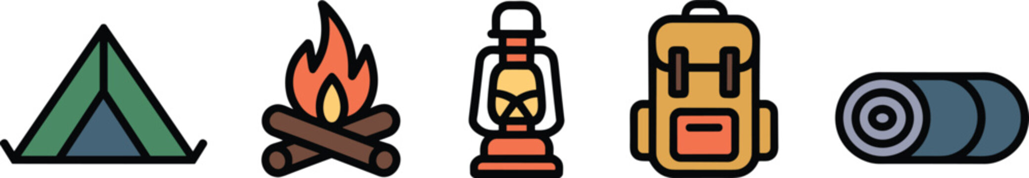 Set of camping and outdoor adventure icons featuring tent bonfire lantern backpack and sleeping bag on transparent background