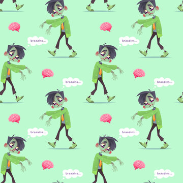 Seamless vector pattern featuring cartoon green zombie boy walking, pink human brains, and speech bubbles saying braaains. Cute repeating background on light green for fabric, wrapping paper, and web