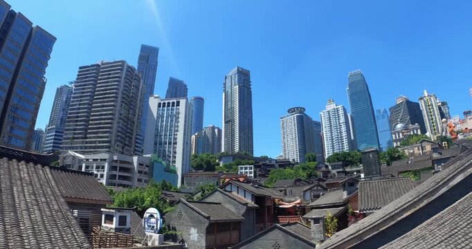 Traditional Chinese Rooftops Contrasting with Modern Skyscrapers in Chongqing, China