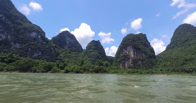 Spectacular Karst Mountains and Lush Green Forest Along the Li River in Xingping, Guangxi, China