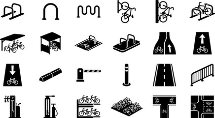 Collection of black and white icons representing bicycle parking, traffic signs, and road infrastructure © Vector Mahi