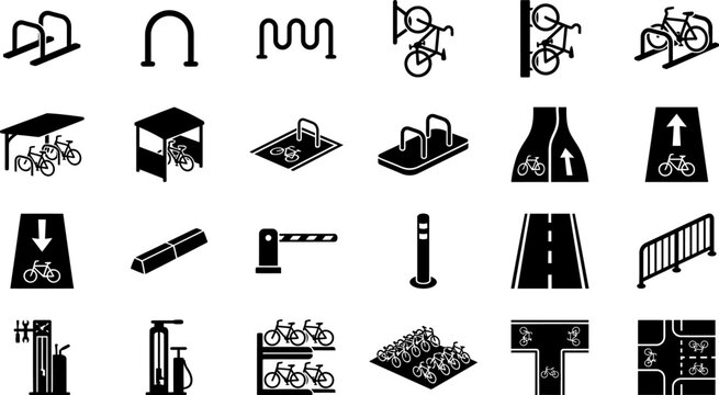 Collection of black and white icons representing bicycle parking, traffic signs, and road infrastructure