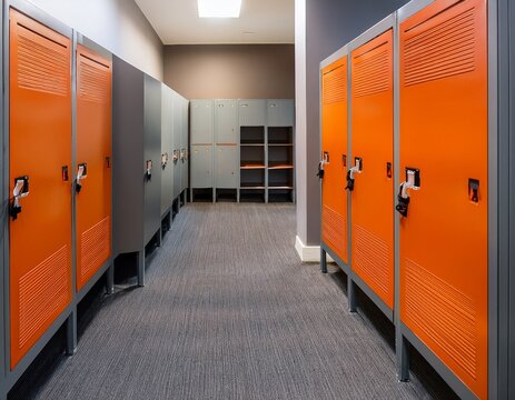 row of vibrant orange and grey lockers in a modern gym changing room clean organized interior with bold color contrast and minimalist design