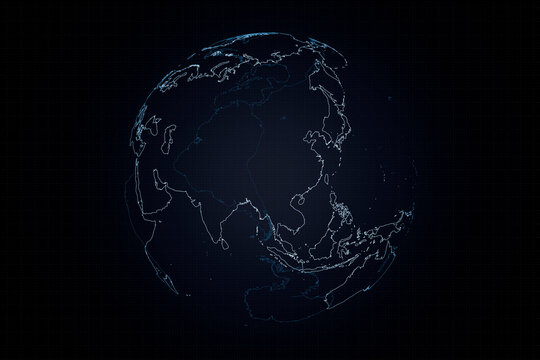 Futuristic digital globe showing Asia and surrounding regions in glowing blue outlines against a dark technological background, ideal for global, geography and network concepts.