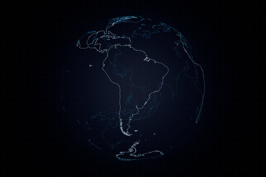 Futuristic digital globe showing South America and surrounding regions in glowing blue outlines against a dark technological background, ideal for global, geography and network concepts.