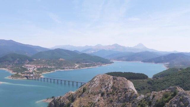 Panoramic View of Ria&ntilde;o Reservoir and Bridge Surrounded by Cantabrian Mountains in Le&oacute;n, Spain