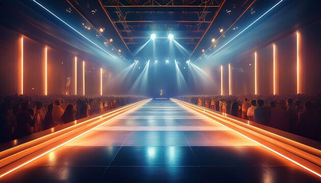 empty floodlit catwalk for a fashion show with an audience trendy style event background