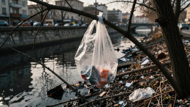 Plastic pollution concept with trash bag hanging on tree branch over dirty urban river, realistic environmental crisis background.