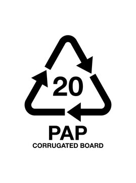 Black recycling symbol for corrugated board paper packaging with number twenty isolated on white