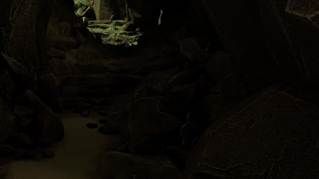 In the dim light of dusk, a mysterious cave reveals its rocky contours. Shadows dance along the walls as the silence envelops the explorer venturing into the unknown.
