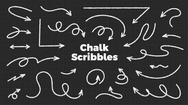 Hand drawn white chalk arrows set on black chalkboard. Doodles with grunge crayon texture. Curved and swirl scribbles. Rough brush strokes. Direction elements. Vector illustration