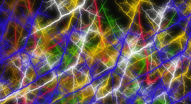 Abstract lightning pattern of multicolored bright electricity flashes on dark background.
