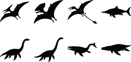 Prehistoric Flying and Marine Reptile Silhouette Icon Collection with Pterodactyl and Plesiosaur Symbols for Dinosaur Graphic Design Projects © Shilpi