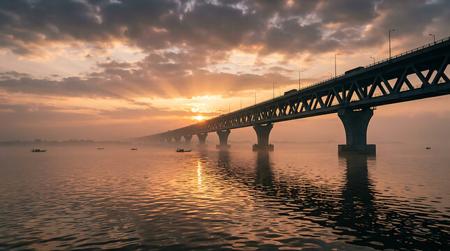 Padma Bridge at Golden Sunrise with Misty River and Dramatic Sky in Bangladesh