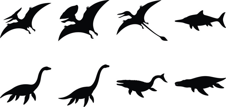 Prehistoric Flying and Marine Reptile Silhouette Icon Collection with Pterodactyl and Plesiosaur Symbols for Dinosaur Graphic Design Projects