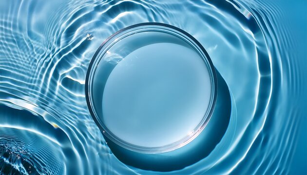 empty clear glass circle podium on blue transparent calm water texture with waves in sunlight abstract nature background for product presentation flat lay