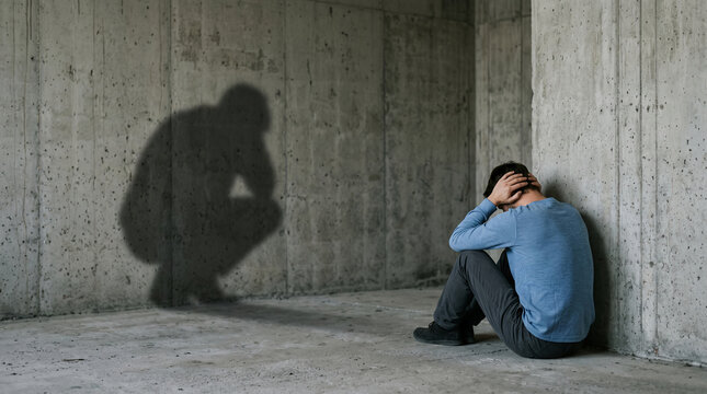 Man in blue shirt crouching in empty concrete room, shadow on wall, symbolizing isolation, despair, and loneliness. free space, text