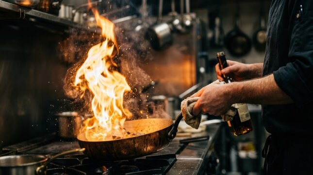 Professional chef deglazing a copper pan with cognac to create a dramatic flame in the kitchen