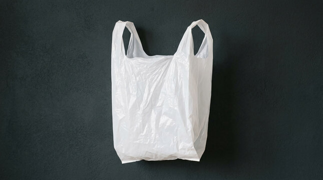 White plastic bag hanging against a dark textured background, symbolizing consumerism, shopping, and disposable culture, suitable for eco-friendly or retail concepts