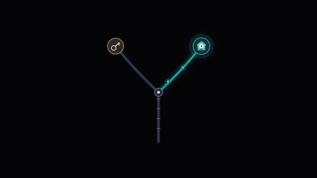 Futuristic digital interface diagram with glowing nodes and connecting lines on dark background