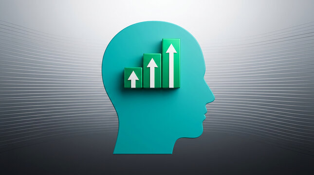 Teal head profile with green bar graph and upward arrows, symbolizing growth, success, and progress in mental development or business strategy