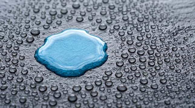 Close-up of water droplets on a dark textured surface with a larger pool of blue liquid, symbolizing refreshment, purity, and natural elements