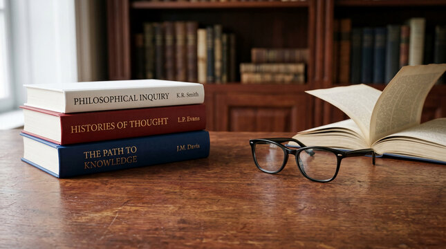 Stack of hardbound book with text and glasses, representing study, knowledge, and intellectual pursuit, within a library setting