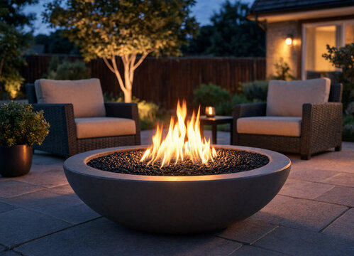 Cozy backyard patio setting featuring a modern round fire pit burning brightly at twilight