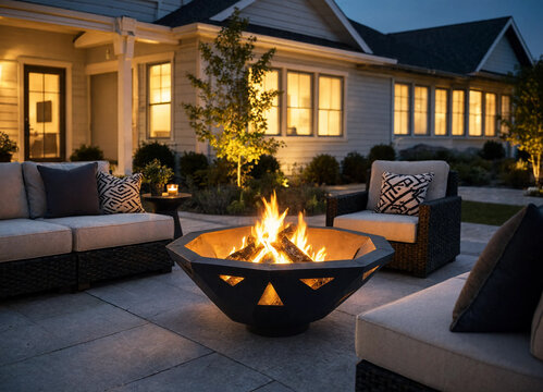 Cozy backyard patio setup featuring a modern geometric fire pit burning bright logs at night