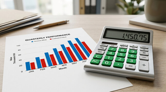 Bar chart showing quarterly performance with revenue and expenditure, alongside a calculator and pen on a desk, symbolizing financial analysis.