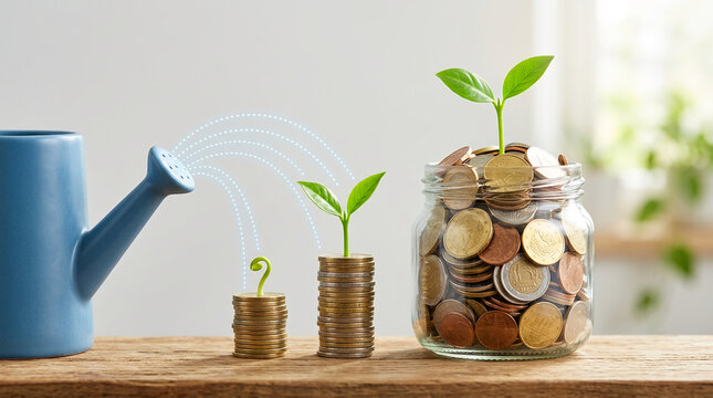 A blue watering can showers coins with growing plants, symbolizing financial growth, investment, and wealth accumulation through careful nurturing and management