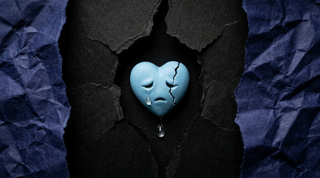 A blue broken heart with a sad face and tears, symbolizing heartbreak and sadness, against torn dark paper background