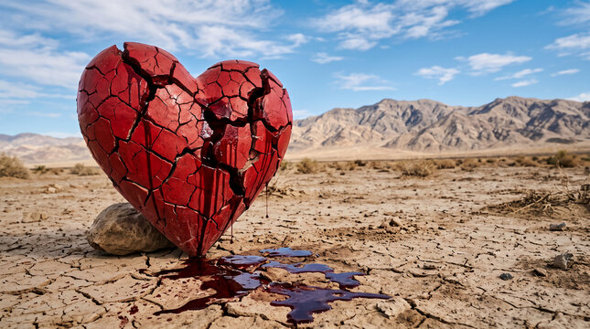 A cracked red heart sculpture spills liquid in a dry, barren desert landscape, symbolizing loss and heartbreak