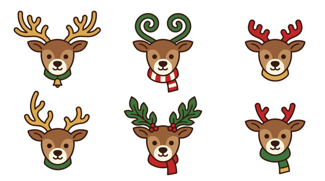 Cute cartoon Christmas reindeer heads with antlers and festive scarves, vector animal icon set for holiday greeting cards and winter graphic design projects isolated on White Background Editable