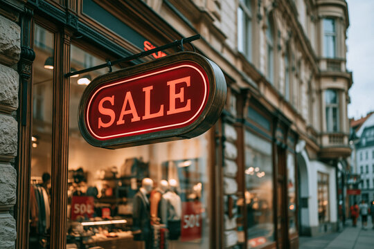 Podświetlany, czerwony szyld z napisem SALE wisi nad wejściem do eleganckiego sklepu na miejskiej ulicy, obok witryny z manekinami prezentującymi odzież.