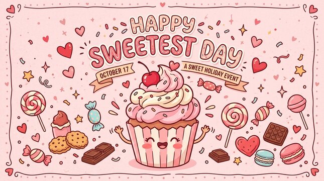Happy sweetest day greeting card illustration with a cute smiling cupcake, various candies, chocolates, and hearts on a soft pink background