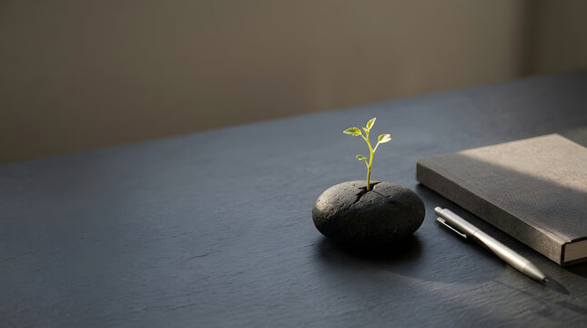 A small green plant growing from a black stone next to a notebook and pen on a desk