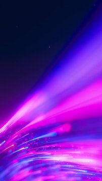 Extreme closeup of neon line flow carrying big data at light speed. Digital data stream for quantum computing. Cyberspace of qubit trail waves. Modern technology data transmission. Vertical Video.