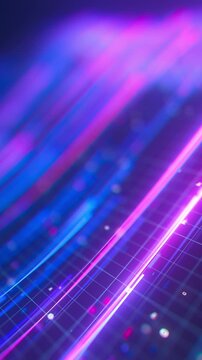 Closeup of warped neon line flow carrying big data at light speed. Digital data stream for quantum computing. Cyberspace of qubit trail waves. Modern technology data transmission. Vertical Video.