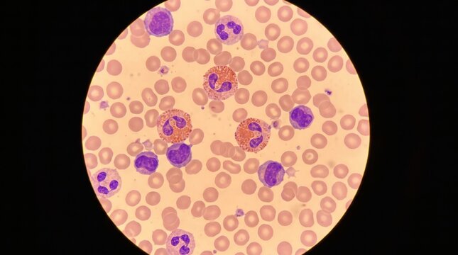 Illustrative image of eusinophylls and other blood cells seen through a microscopy	