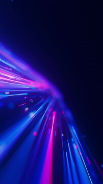 Neon line flow carrying big data toward infinity at light speed. Abstract digital data stream of quantum computing. Cyberspace of qubit trails. Modern technology data transmission. Vertical Video.