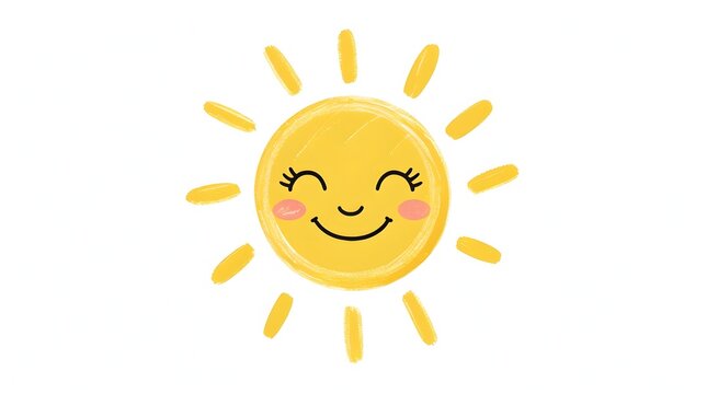 Very cute smiling cartoon sun with simple rays and rosy cheeks