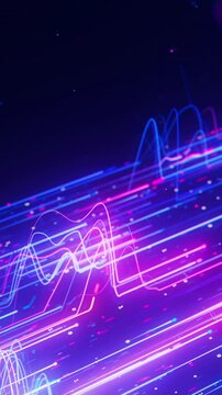 Closeup of wavy neon line flow carrying big data at light speed. Digital sound data stream for quantum computing. Cyberspace of qubit trail waves. Modern technology data transmission. Vertical Video.