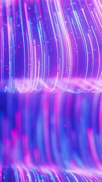 Closeup of neon line flow carrying big data at light speed. Abstract digital data stream of quantum computing. Cyberspace of qubit trail waves. Modern technology data transmission. Vertical Video.