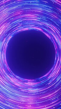 Neon line flow carrying big data through a circular tunnel. Abstract digital data stream of quantum computing. Cyberspace of qubit trail waves. Modern technology data transmission. Vertical Video.
