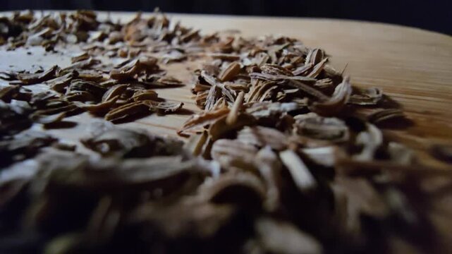 Extreme close-up perspective of dry carrot seeds scattered over a wooden surface, focused for agricultural themes.   