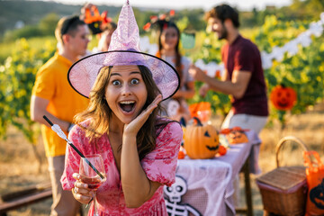 Naklejka premium Excited woman in witch costume celebrating Halloween at a vineyard party