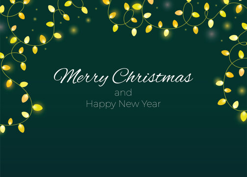 Christmas and New Year greeting card with glowing string lights on dark green background, festive holiday frame with elegant typography and copy space