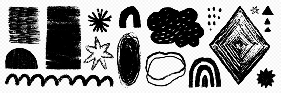 Crayon shape set with star, rainbow arch and wavy doodle line gathers rough chalk texture and dotted cloud. Hand drawn crayon figures read playful. Kit suits stickers on transparent background