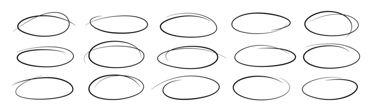 Thin black hand-drawn line doodle marker brush pen ovals. Vector set of fine outline highlights, scribble circles, ellipse sketches. Abstract oval geometric frames, freehand round elegant shapes bg